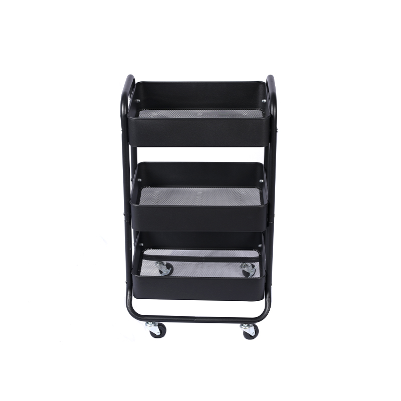 Wholesale living room kitchen vegetable fruit storage rack black iron 3-tier utility rolling cart with wheels